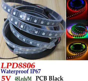 

5M 5050SMD Waterproof LPD8806 Flexible RGB LED Strip 48LED/m IP67 DC5V 240LEDs Individually Addressable Dream Color PCB Black