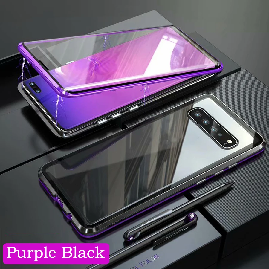 Роскошный металлический чехол с магнитной адсорбцией для samsung S10, 5G, S9, S8 Plus, Note 9, 8, S10e, переднее защитное стекло на весь корпус - Цвет: Purple Black