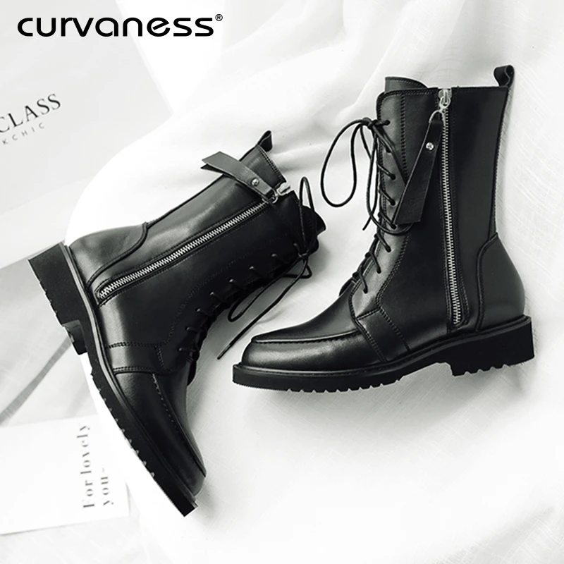 

Curvaness Women Ankle Booties Leather Knight Ladies Martin Boots Zip Cowboy Shoes Sapato Feminino Confort Knee-High Size 34-42