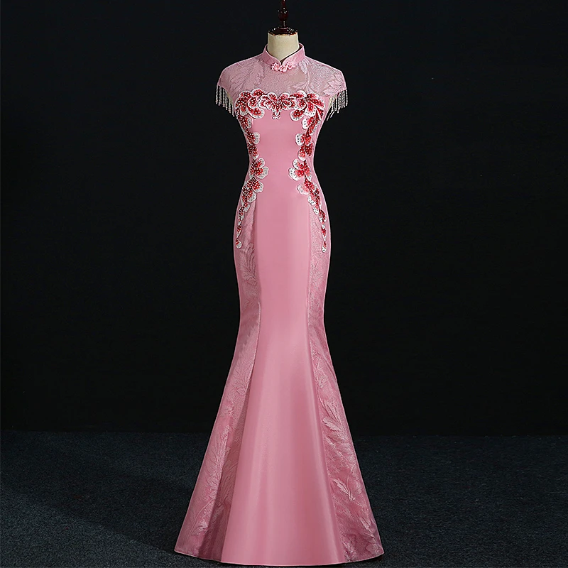 Bordado de lentejuelas vestidos de noche largo sirena Formal baile de graduación fiesta chino tradicional vestido Oriental 2019 nuevo estilo qipao vestido - 6