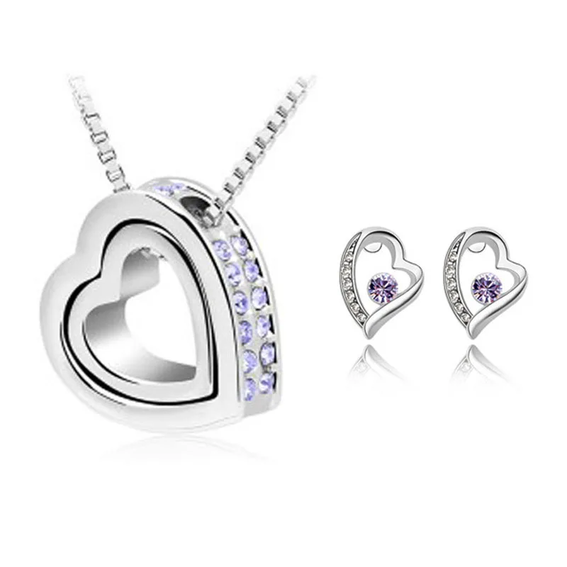 New 2014 Wholesale Austrya Bridal Jewelry Sets In Silver Plated Heart Shape Necklaces & Pendants Stud Earring For Women Wedding
