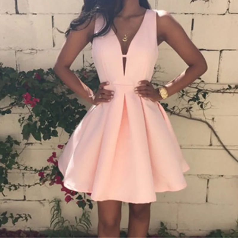Pink 2016 Summer Ladies Fashion Sexy Backless Deep V-neck Sleeveless A-line Women's Dress Club Evening Party Mini Dresses