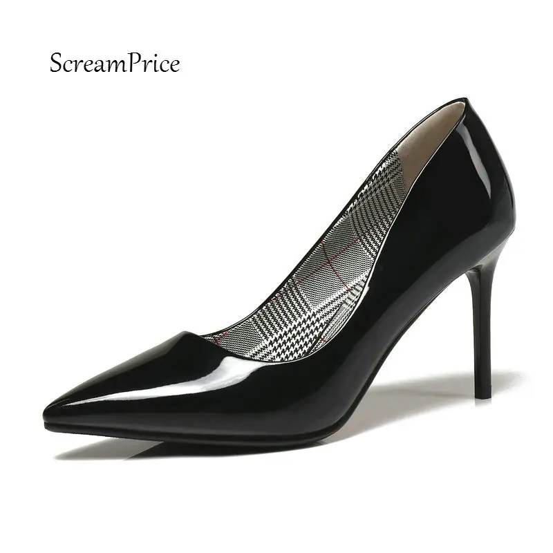 

Women Patent Leather Thin High Heel Slip On Lazy Shoes Fashion Shallow Pointed Toe Dress Women Pumps Black Red