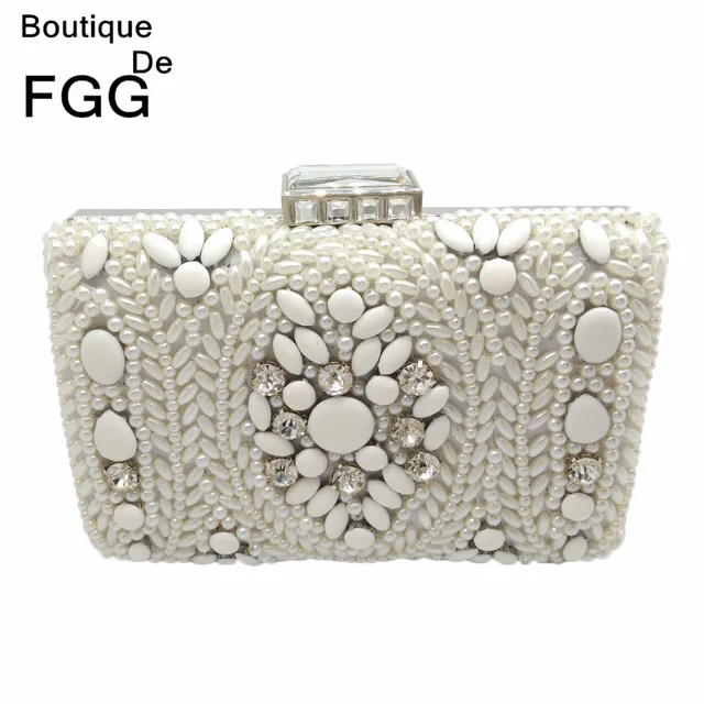 Boutique De Fgg Vintage White Beaded Women Evening Clutch Bag Las Boutique De Fgg Vintage White Beaded Women Evening Clutch Bag Las Metal Chain Shoulder Handbag And