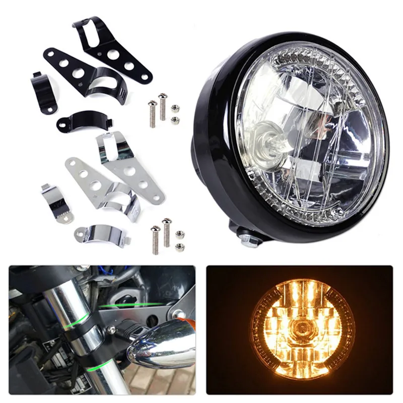 

Motorcycle Modified Retro Front Headlights Lamp Holder LED Turn Light Black Bracket 35W 3000K 2250LM Motorbike Accessories