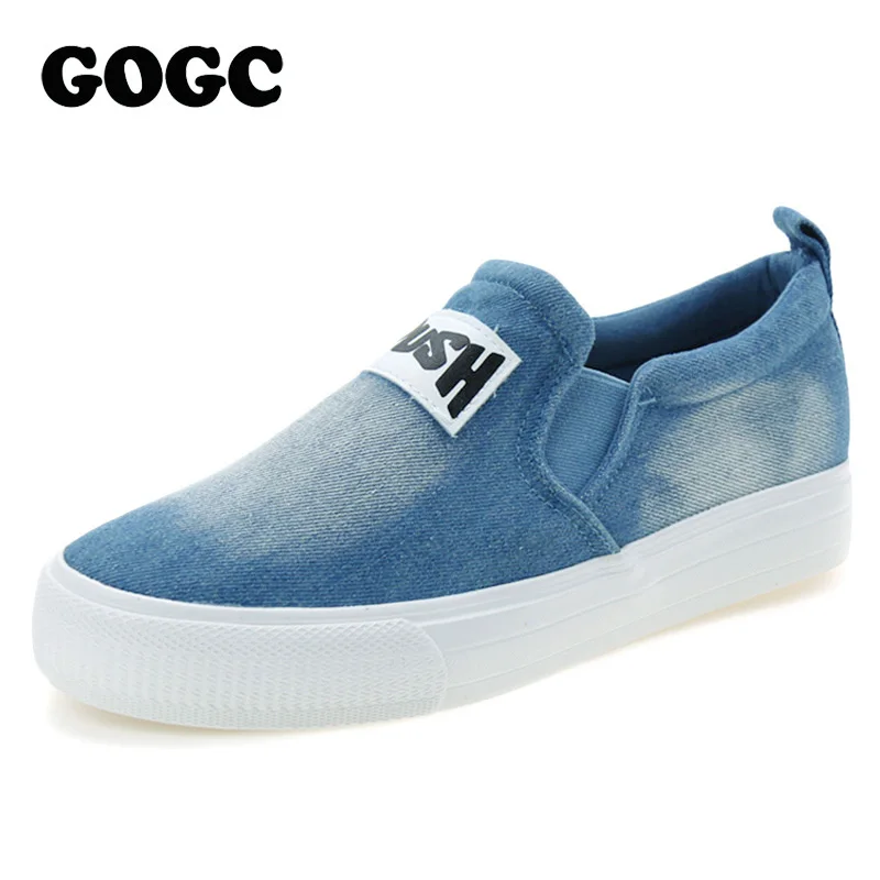 

GOGC 2019 Fashion Denim Shoes Height Increasing Women Canvas Causal Shoes Flat Shoes for Women Platform Footwear Women Slipony