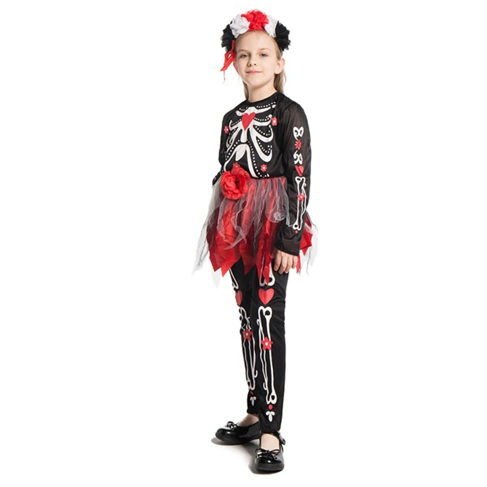 2019 ужас Скелет платье День мертвых косплей для девочек костюм на Хэллоуин детей
