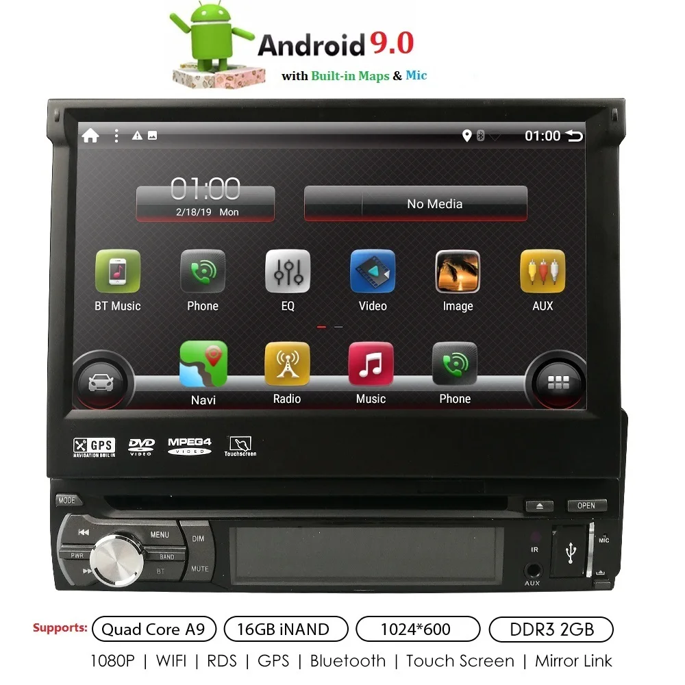 

Android 9.0 Universal 1 din Quad Core Car DVD player GPS Wifi BT Radio BT 2GB RAM 16GB ROM16GB 4G SIM Network Steering wheel RDS