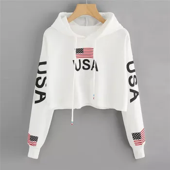 

Women Casual American Flag Print Hoodie Sweatshirt Top Blouse poleron mujer 2019 New White