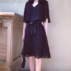 Летнее платье с оборками с коротким рукавом, женское шифоновое платье с v-образным вырезом, большие размеры, черное свободное Повседневное