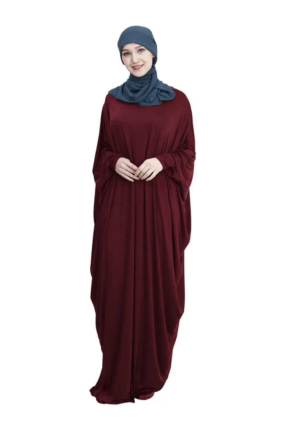 Повседневное мусульманское Макси-платье с рукавом «летучая мышь», кардиган, свободный длинный халат, платья Рамадан, мусульманская молитвенная одежда, служба поклонения - Цвет: wine red