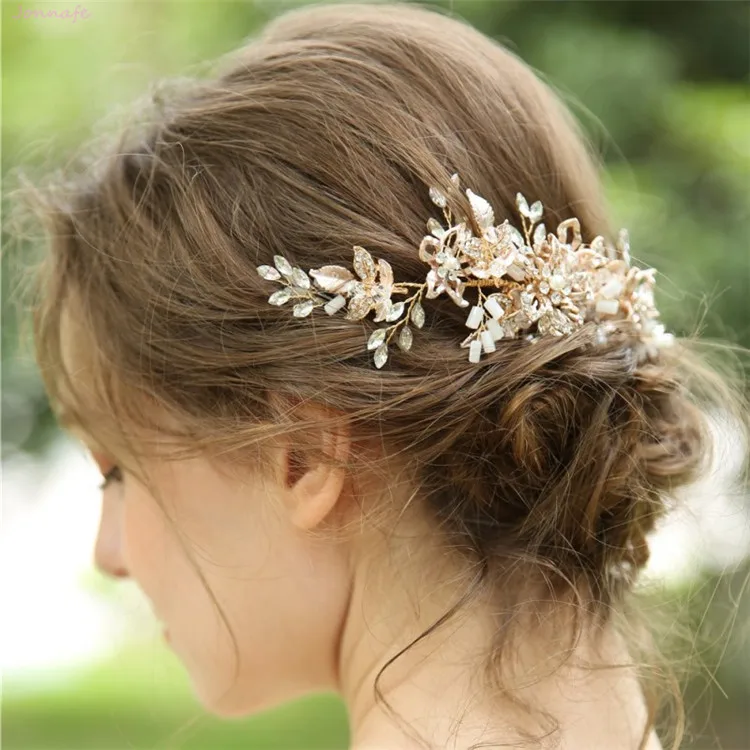 Jonnafe, золотой цветочный гребень для волос в виде листьев для невесты, женский головной убор, ручной работы, вечерние, свадебные аксессуары для волос