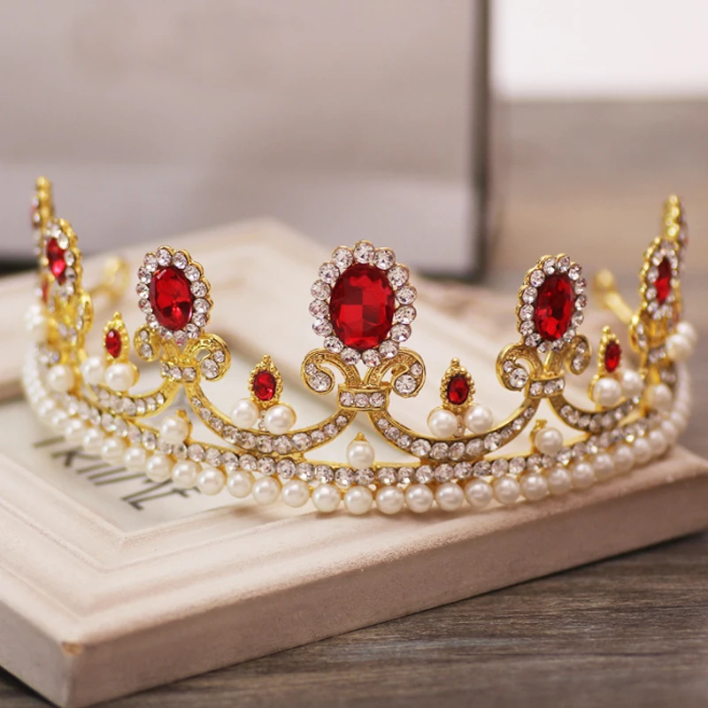 New Fashion Baroque Luxury Red Crystal Bridal Crown Tiaras Vintage Gold