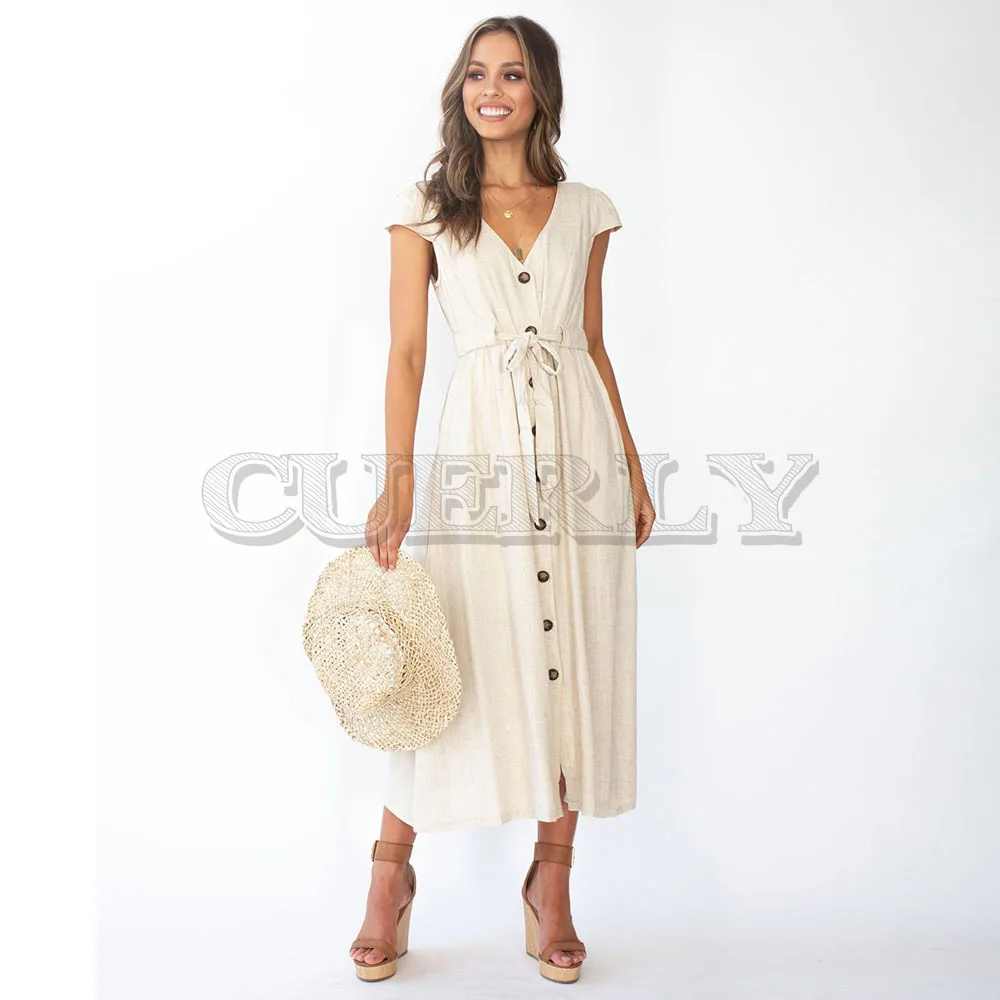 

Cuerly Elegant Buttons Solid Women Long Dress Sashes High Waist Summer Dress Casual V-neck Female Midi Dress Vestidos L8