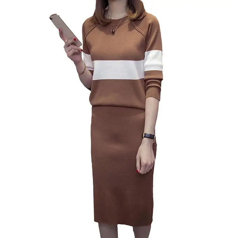 

Spring Autumn Casual Knitted 2 Pieces Set Women Long Sleeve O-Neck Sweater Tops +Elastic Waist Skirt Female Slim Knit Set J164