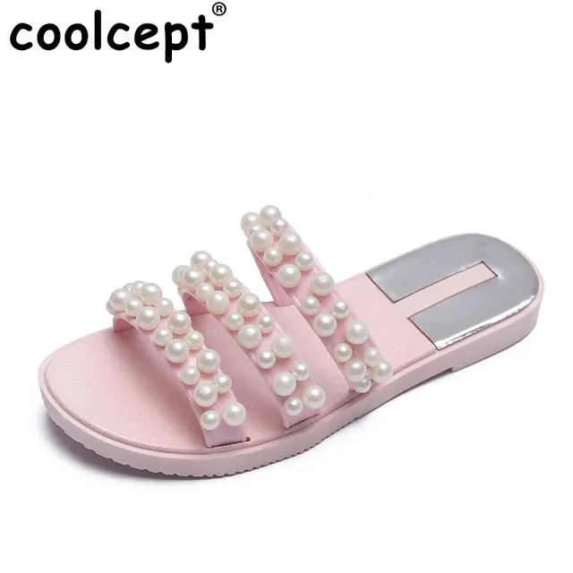 Coolcept Ladies Fashion Flats Sandals Beading Slippers Women Solid Leisure Summer Shoes Women Daily Party Footwear Size 36-40