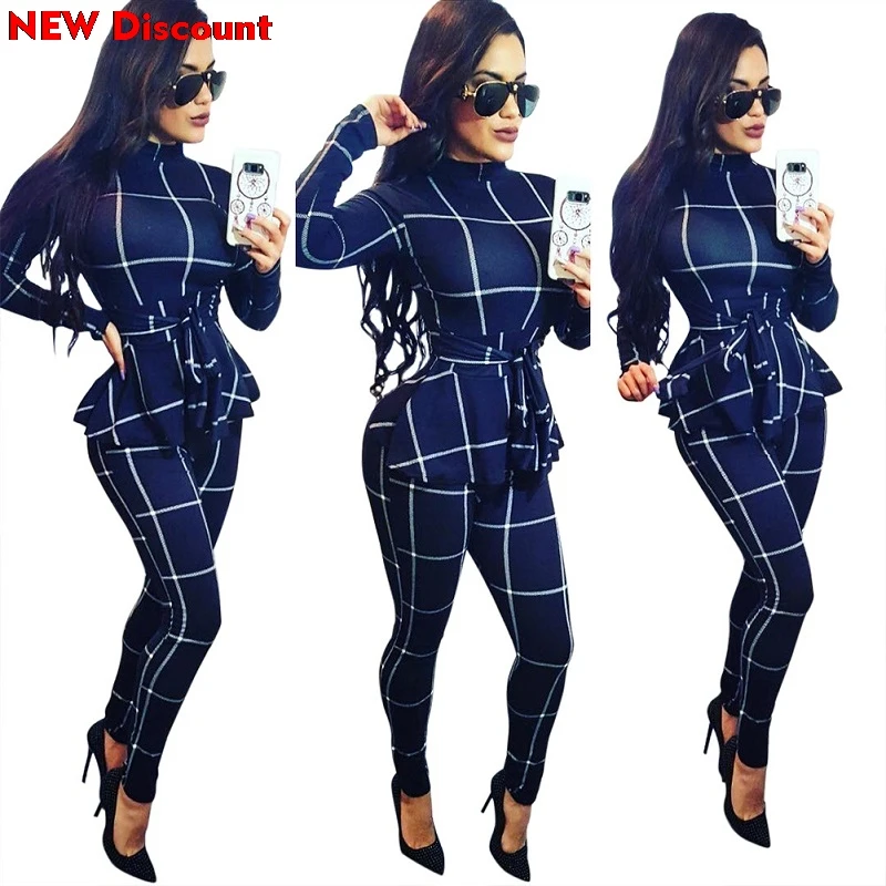 Ruffles Waist Black Body Long Sleeve Plaid Skinny Long Pants Jumpsuits Bodycon Rompers Playsuits Elegant Woman Ceremony Suits