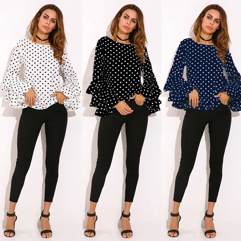

Fashion Women's Bell Sleeve Loose Polka Dot Shirt Ladies Casual Blouse Tops Plus