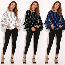 Fashion Women's Bell Sleeve Loose Polka Dot Shirt Ladies Casual Blouse Tops Plus bell sleeve rhinestoned scalloped blouse