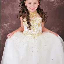 Г., атласный и тюлевый золотой бисер с высокой горловиной и лямкой на шее, белые платья с цветочным узором для девочек, HU1050