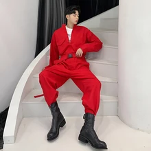 Осень Англия стиль уникальная горловина галстук дизайнерский комбинезон брюки мужские повседневные свободные комбинезоны брюки для мужчин сценические костюмы M-2XL