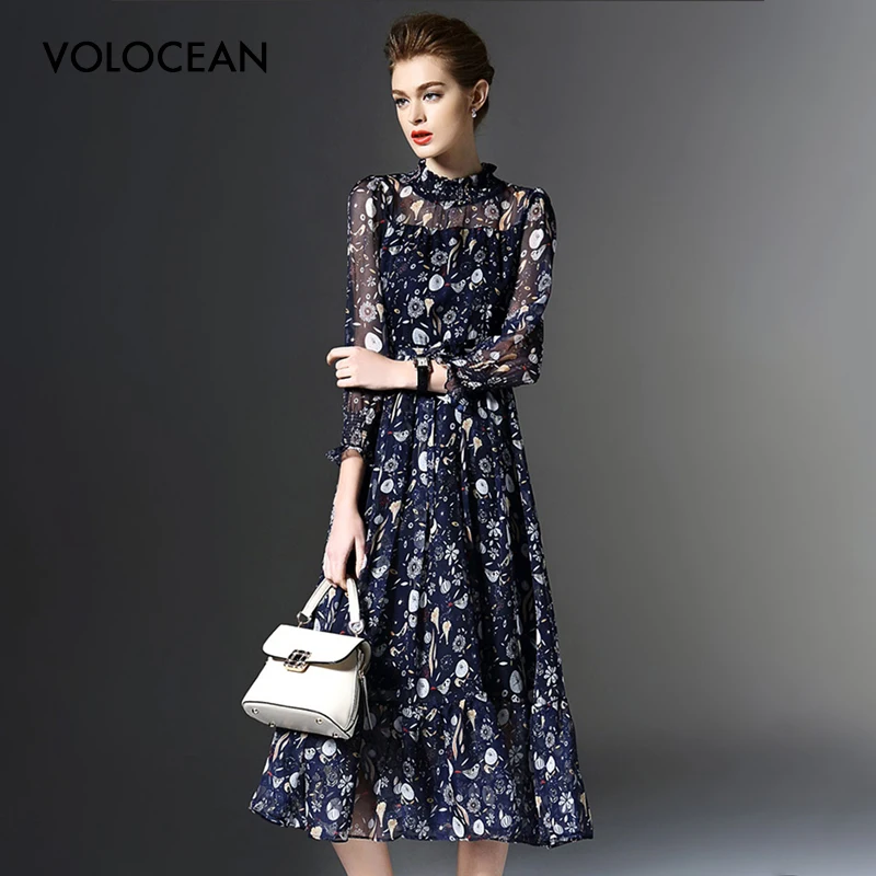 

VOLOCEAN Maxi Dress For Women 2019 Fashion Summer Dresses Turtleneck Print Dress Women Slim Elegent Vintage Dress Female