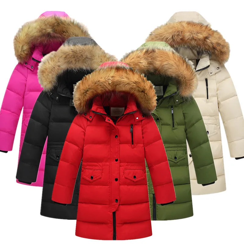 

Russia Winter Children Fur Collar Down Jackets Kids Thickening Warm Zipped Hooded Parkas Coats Boys Girls Outerwear Clj017