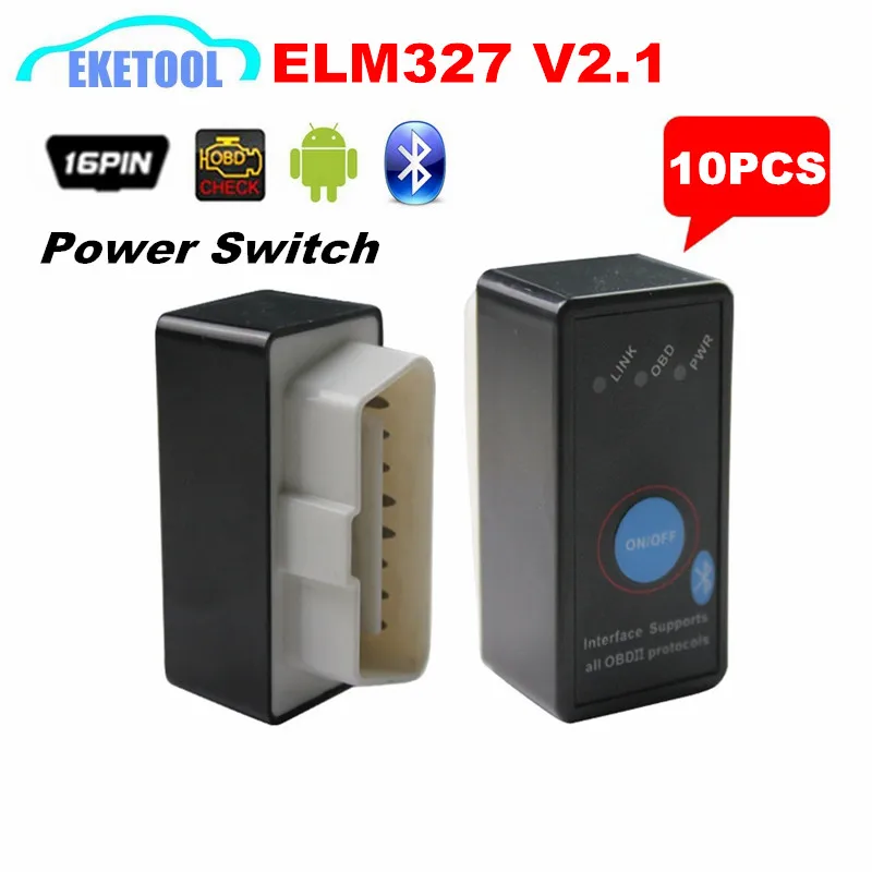Оптовая продажа 10 шт./лот ELM327 Переключатель включения/выключения V2.1 Bluetooth работает Android/pc мульти-бренд бензиновых автомобилей 12 В ELM 327