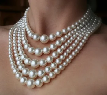 

Faux Big White Pearl Chunky Necklace Pearl Multi Strand 5 Layers Choker Dressy Bib Necklace