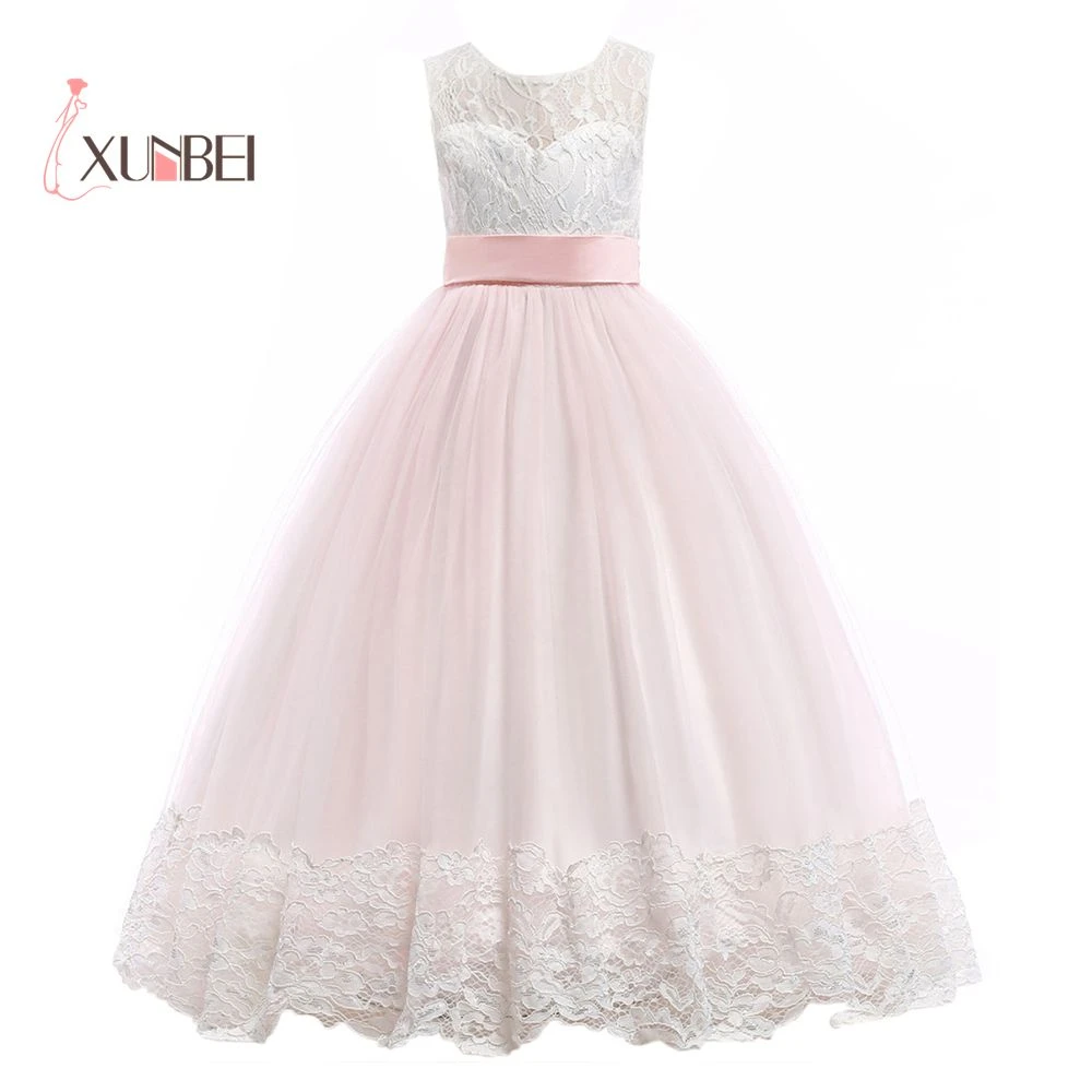 Princess White&Pink Floor Length Lace Flower Girl Dresses Applique