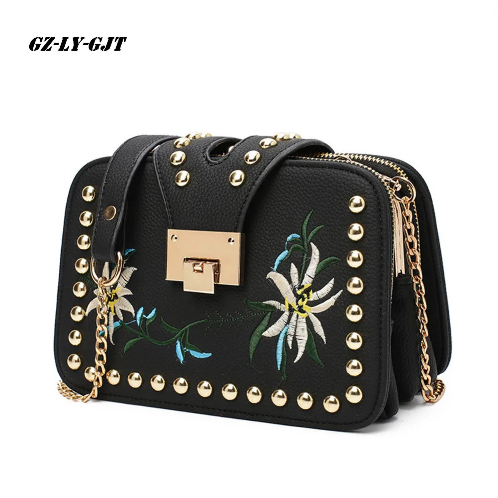 

GZ-LY-GJT Fashion Women Leather Messenger Bag Embroidery Flower Handbag Ladies Crossbody Bags Women portable single Shoulder Bag
