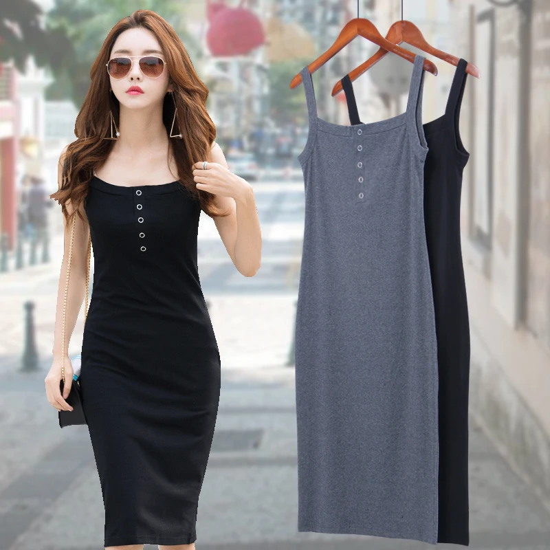 New 2018 Summer Dress Sleeveless Spaghetti Strap Black Buttons Shoulder ...