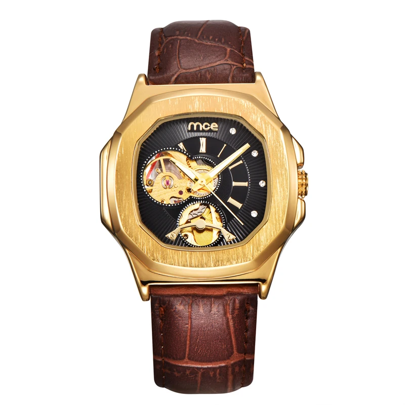

Men Leather watches New Fashion Sport MCE Mechanical Movement Square Golden Dial Military Cool Stylish Watch relojio