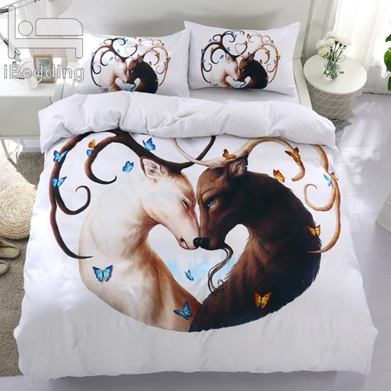 

3Pcs/Set Deer Comforter Bedding Set Duvet Cover Set White Bed Cover 3D Printed Quilts Bedclothes Queen King Size