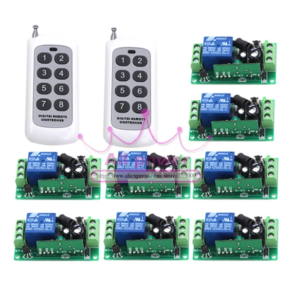 

150M12V 1CH wireless remote control switch 8 receiver board & 2 transmitter remote controller Learning code 315/433MHZ