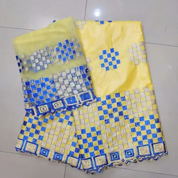 

2018 New Design African Bazin Riche Getzner Fabric with Embroidery Lace For Dress African Lace Fabric yellow color HL44005