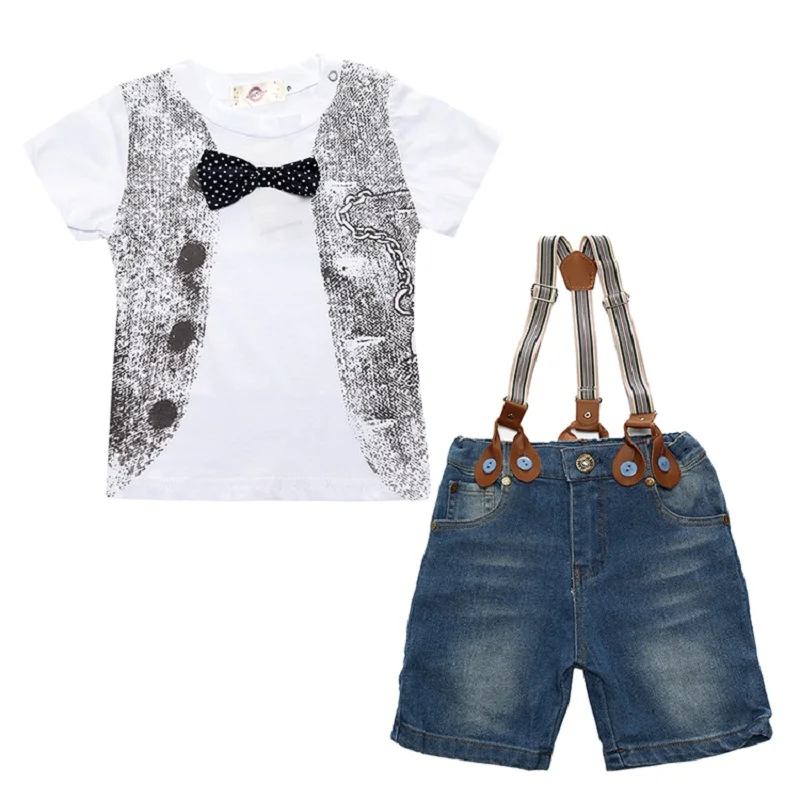 summer boys clothes o-neck white T-shirt with tie+jeans suspender child 2 piece outfit for 2-8 year kid boy casual suit