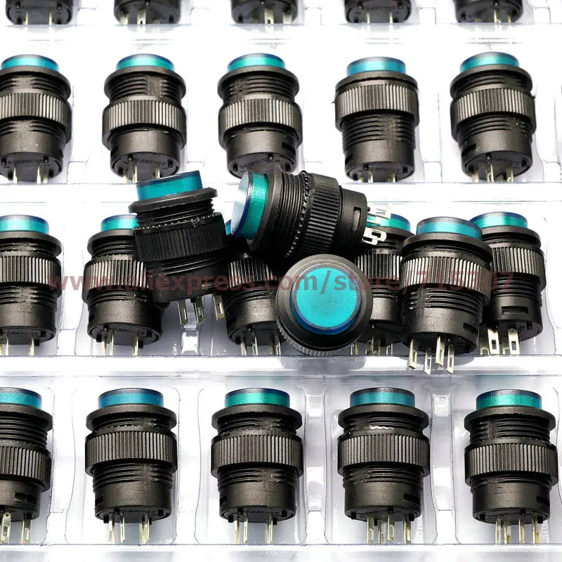 

PHISCALE 20pcs push button switch R16-503BD 16mm round shape non locking with green light 250v 3A 4pins