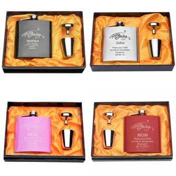 

Set of One Personalized Engraved 6oz Hip Flask Set Funnel+2 Cups Stainless Steel Gift Box Happy Birthday Father's Day Favors