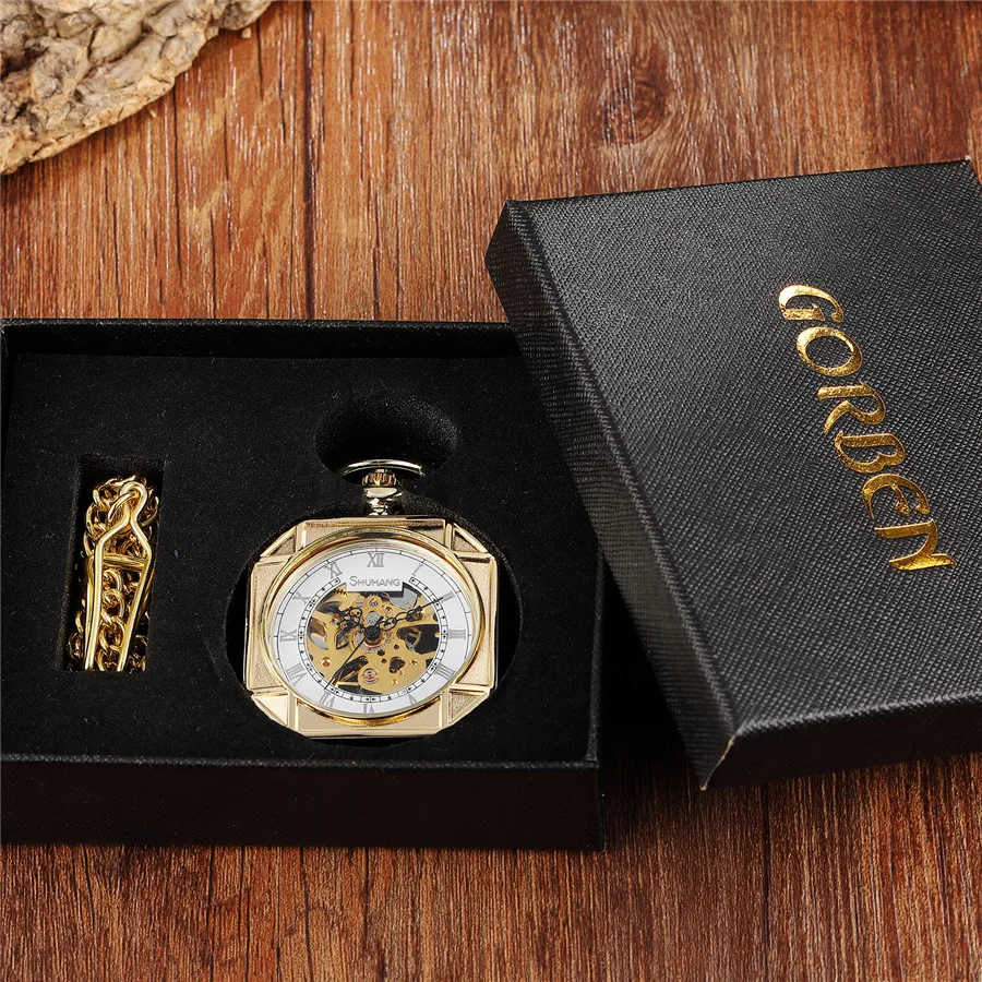 Роскошные золотые многоугольные Механические карманные часы с брелоком цепь Скелет стимпанк ручной Ветер Механические Мужские наручные часы с цепочкой