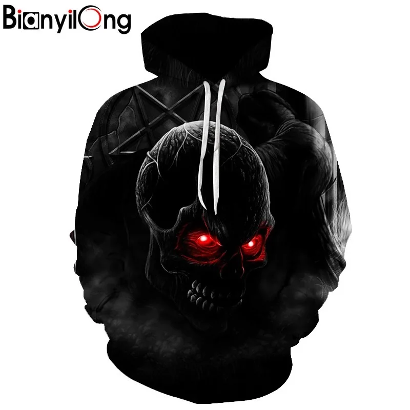 BIANYILONG Autumn Winter Fashion Men Women Hoodies Red Eyes Skull Head Hooded Hoody Sweatshirt 3D Lovely