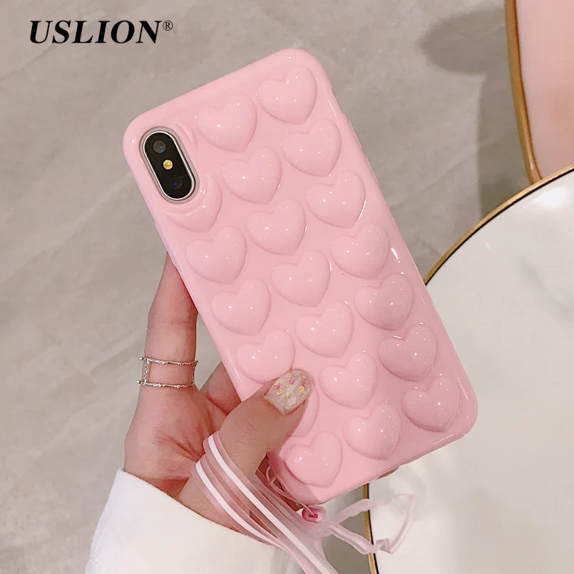USLION 3D الحب القلب الهاتف حقيبة لهاتف أي فون X XS ماكس XR الكرتون خزائن هاتف آيفون 7 8 6 6 S زائد لينة TPU الغطاء الخلفي مع الحبل