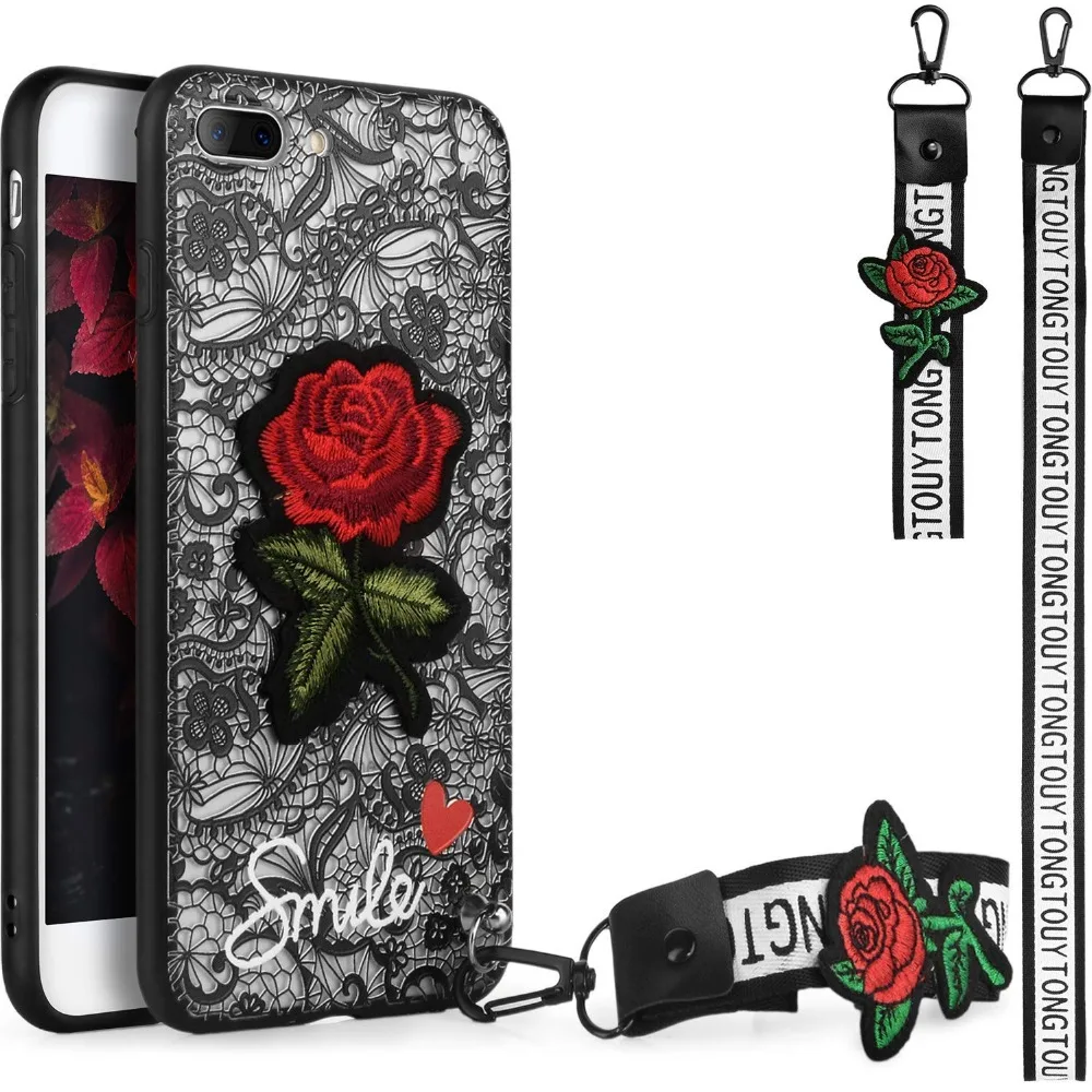 

Rose Embroidered Lace Phone Case for Iphone X XS MAX XR 6 6s 7 8 Plus Cases TPU+PC Hard Cover with Lanyard iPhone 7 Coque Capa