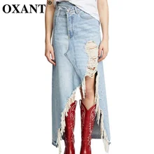 OXANT джинсовая юбка с бахромой для женщин Высокая талия Сплит большого размера нетипичный юбки женская летняя сексуальная модная одежда