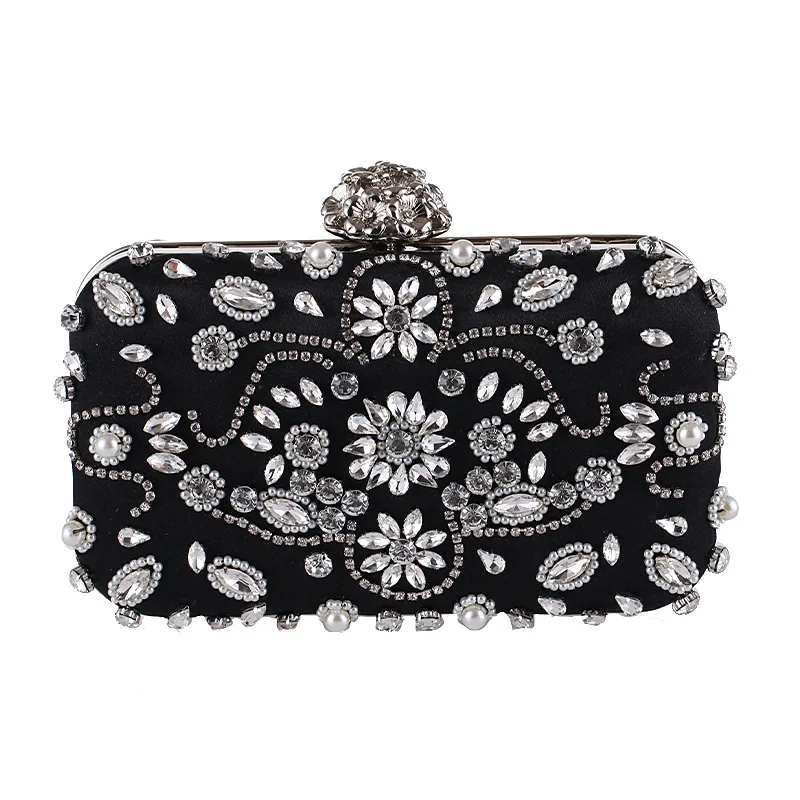 

New black evening bag Pearl-studded clutch bag European and American banquet dress handbag small square clutch evening handbag