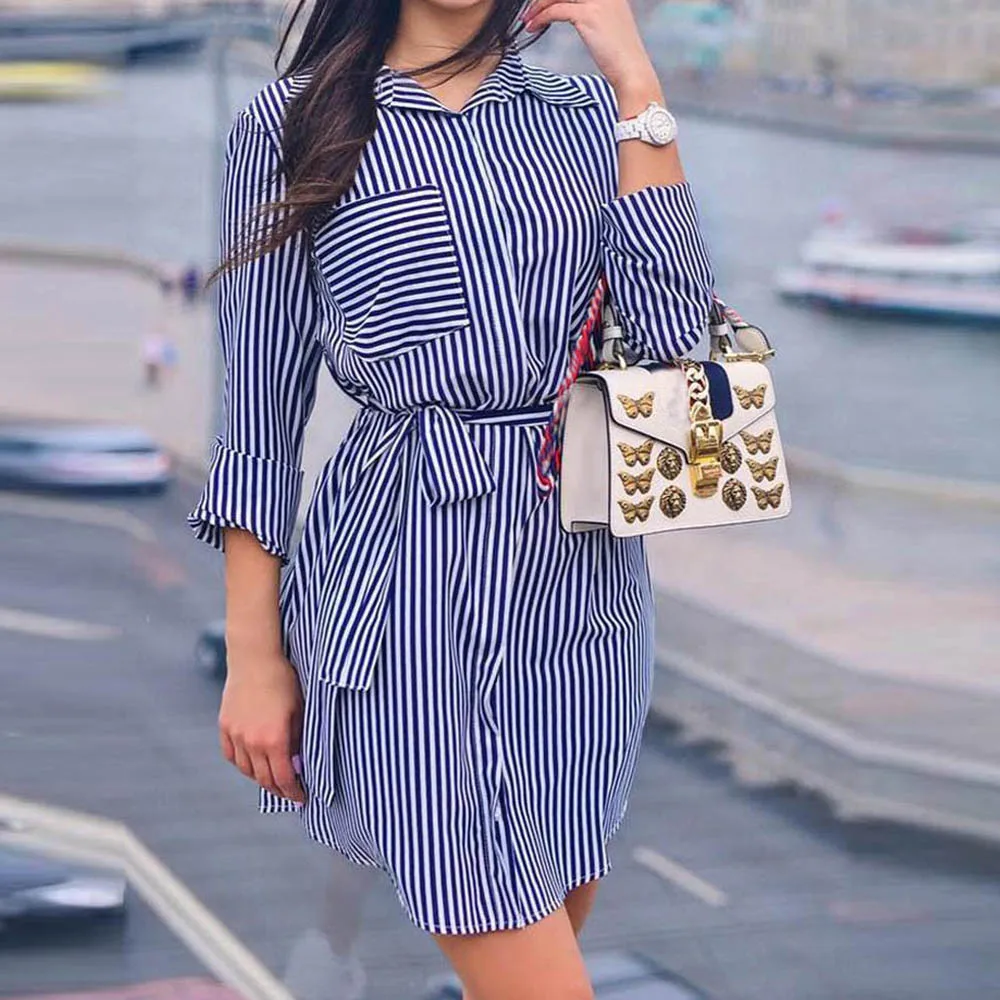 Vestidos verano 2018 осеннее платье для женщин Повседневное Полосатое с длинным рукавом и