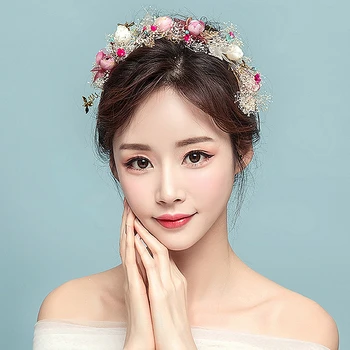 

New Bride Gypsophila Flower Headdress Mori Women Wedding Hair Accessories Sweet Yarn Headband Ornaments Handmade Beaded Wreath