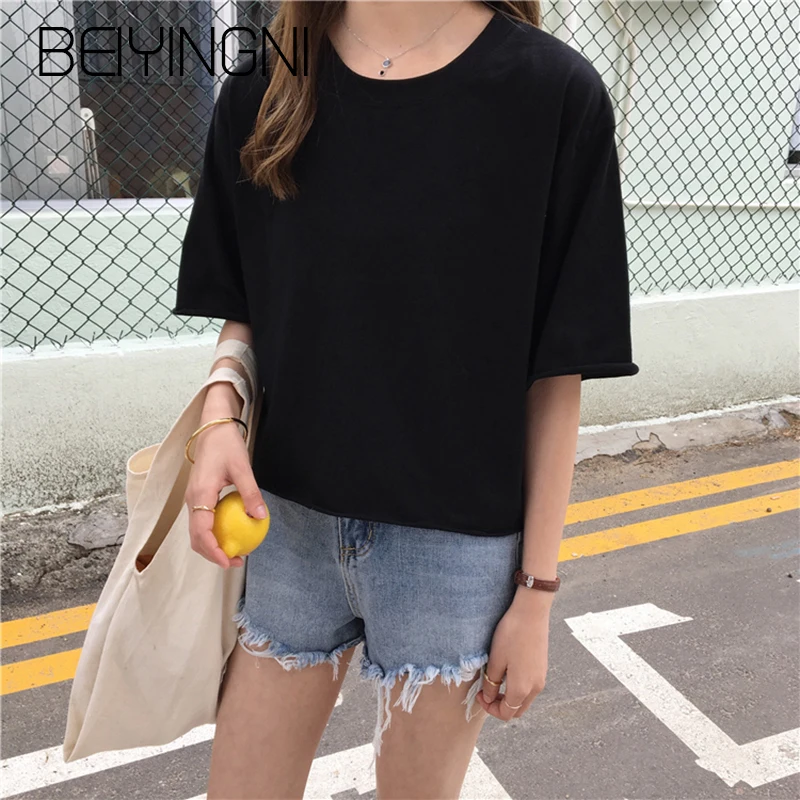 Beiyingni Harajuku укороченная футболка Для женщин Твердые 8 Colods летняя с короткими