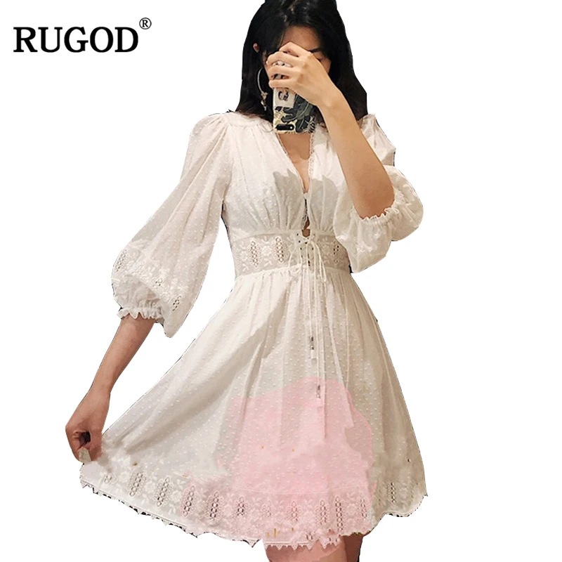

RUGOD 2019 Summer Sexy Elegant Women V-neck White Dress High Waist Summer Hot Female Lace Party Dress Casual Loose Dress