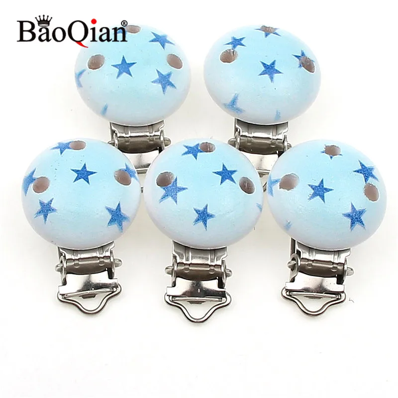 

5Pcs Wooden Metal Baby Pacifier Clips For Holders Round Clasps Suspender Children Garment Accessories 29x45mm
